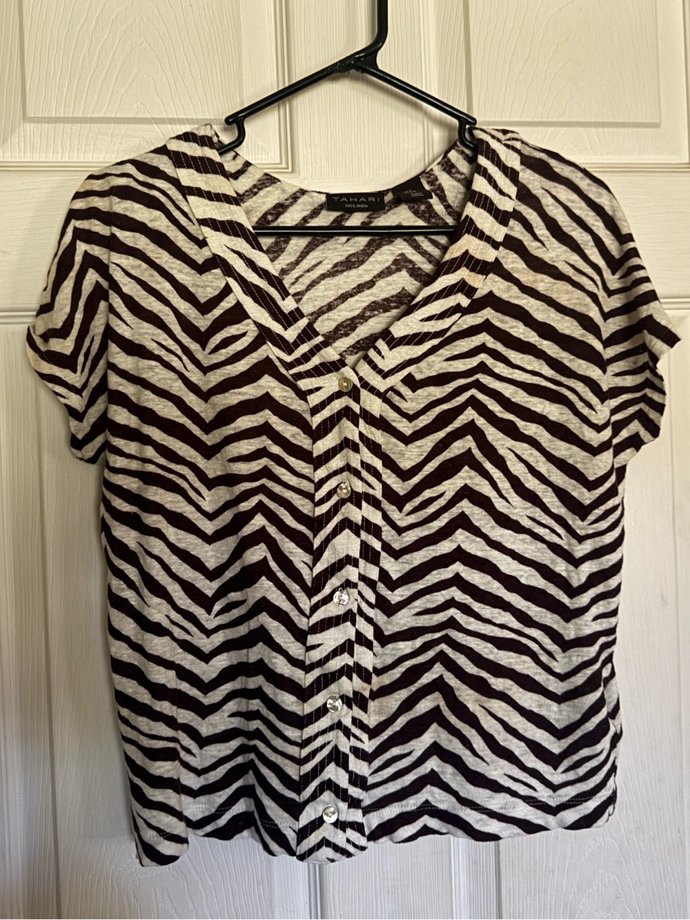 Tahari Brown and White Zebra Print Button Down Top
